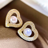 Natural Freshwater Pearls Diamond Love Heart Earrings