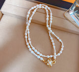 Natural Pearl Sweater Chain Camellia Flower Buckle Necklace