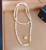 Natural Pearl Sweater Chain Camellia Flower Buckle Necklace