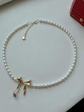 Natural Freshwater Pearls Bow Choker Clavicle Chain Necklace