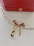 Natural Freshwater Pearls Bow Choker Clavicle Chain Necklace
