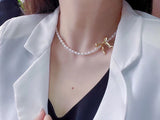 Natural Freshwater Pearls Bow Choker Clavicle Chain Necklace